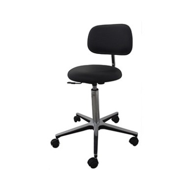 Taburete con pie de aluminio, asiento negro, 5 ruedas, con respaldo