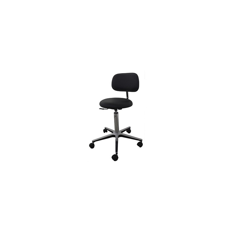 Taburete con pie de aluminio, asiento negro, 5 ruedas, con respaldo