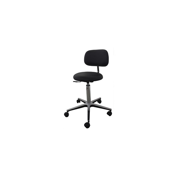 Taburete con pie de aluminio, asiento negro, 5 ruedas, con respaldo