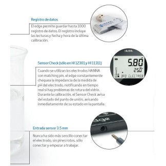 EDGE Multiparamétrico, pHmetro con posibilidad de medir CE y OD - Electrodo  : Usos generales, vidrio, HI11310