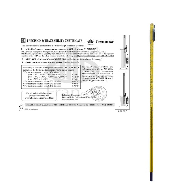 Termometro varilla c/ certif calibracion, ALLA FRANCE -10-60ºC