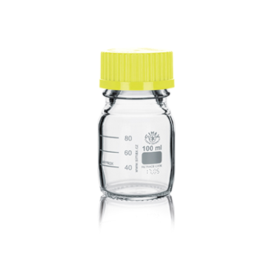 Frasco ISO Simax con tapón y anillo amarillo 100ml