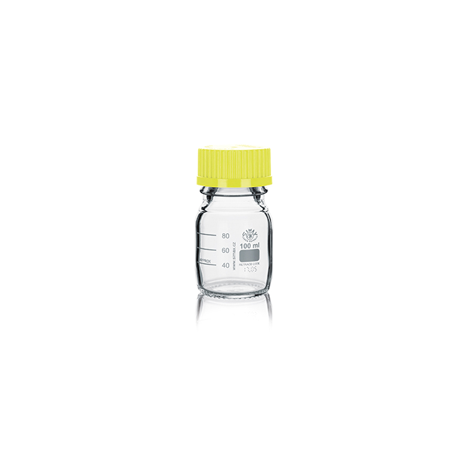 Frasco ISO Simax con tapón y anillo amarillo 100ml