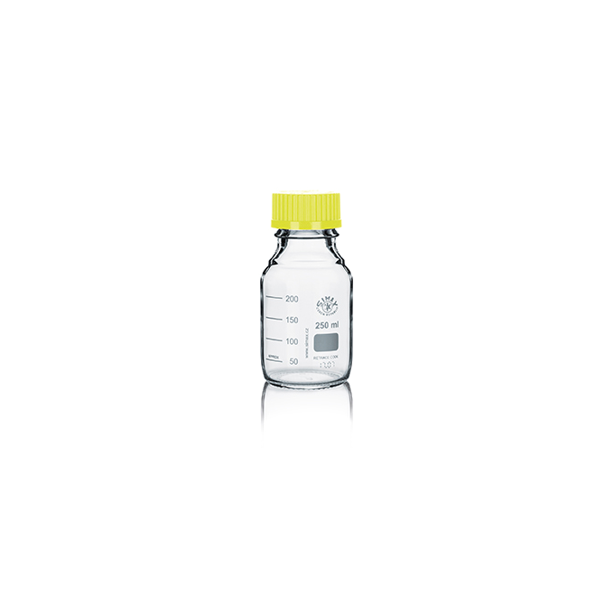 Frasco ISO Simax con tapón y anillo amarillo de 250ml