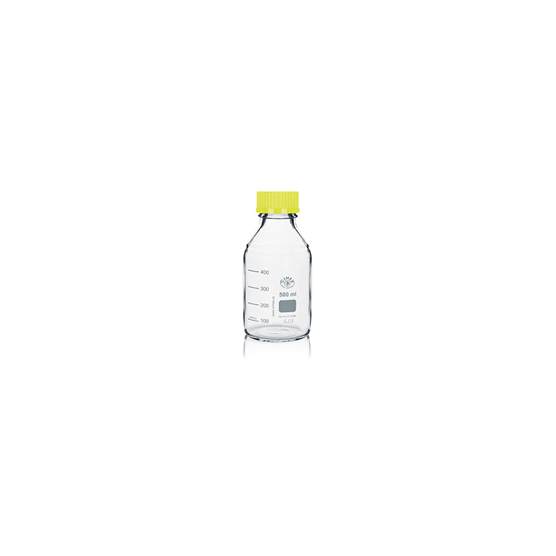 Frasco ISO Simax con tapón y anillo amarillo 500ml