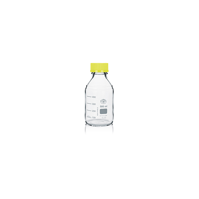 Frasco ISO Simax con tapón y anillo amarillo 500ml